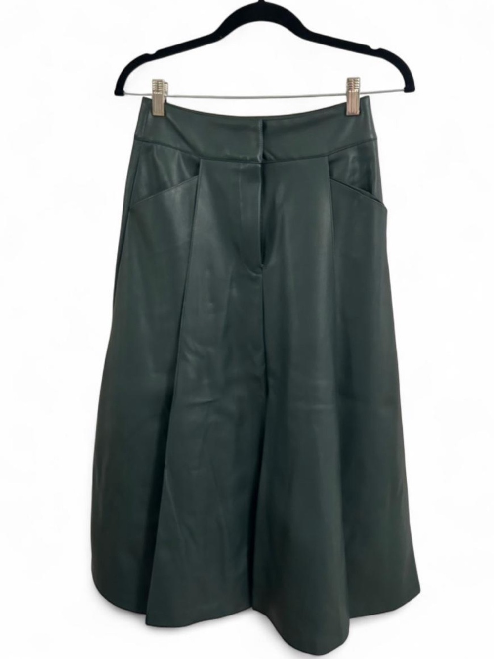 ZARA Dark Green Faux Leather A-Line Midi Skirt